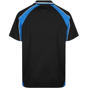 A black polo shirt with blue accents and white detailing, featuring a logo on the side.