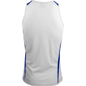 A white singlet with blue side accents and a logo on the back.