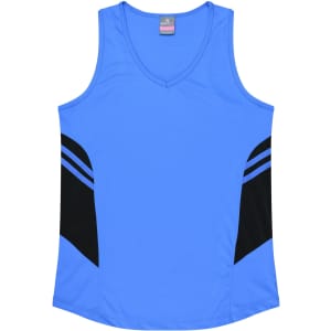 A blue singlet with black accents and a logo, designed for women's wear.