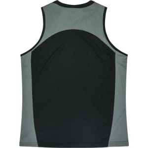 A black and grey singlet featuring a logo, with a sleeveless design and a sporty cut.