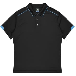 A black polo shirt with blue accents, featuring a collar and buttons, designed for sports uniforms.