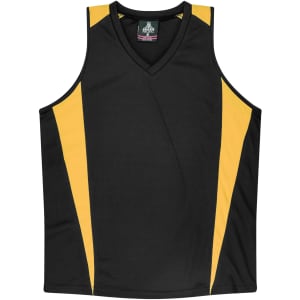 A black singlet with yellow side panels and a v-neck design. It features a logo on the upper section.