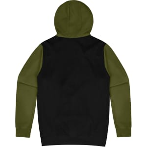 A hoodie featuring a black body and green sleeves, with a hood and a branded logo.