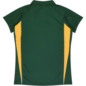 A green polo shirt featuring yellow side panels and a collar. Includes a branded logo.