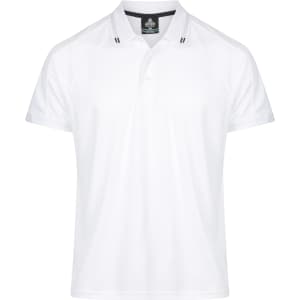 A white polo shirt with a collar and short sleeves featuring a branding logo.