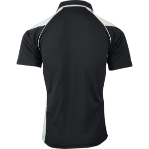 A black polo shirt with grey accents and a logo on the back.