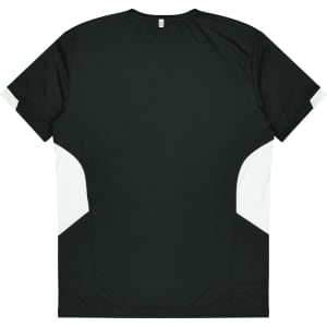 A black T-shirt with white accents on the sides and a plain back. It features a logo on the fabric.