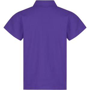 A purple polo shirt with short sleeves, featuring a collar and a clean back design. It includes a logo.