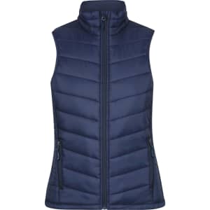 A navy blue quilted vest with a high collar and two zippered pockets, featuring a logo.