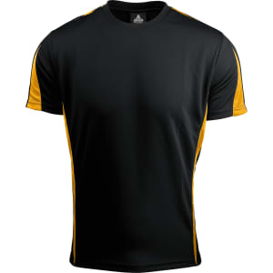 A black T-shirt with yellow side panels, featuring a logo on the neckline. Suitable for casual wear.