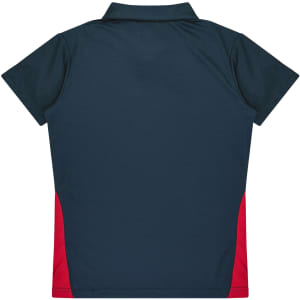 A polo shirt in dark blue with red side accents and a collar. Features a logo.