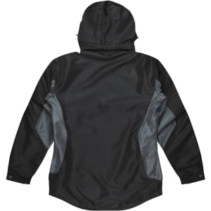 A black jacket with grey panels and a hood, featuring a logo on the back.