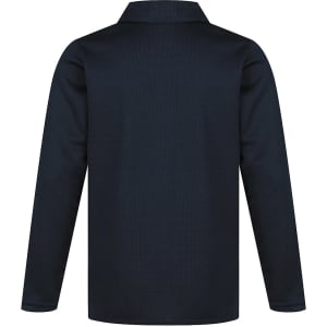 A navy blue polo shirt with a collared neckline and long sleeves, featuring a logo on the upper left chest.