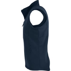 A navy blue men's vest with a side zipper pocket, featuring a sleek, sleeveless design and a logo.