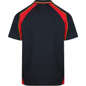 A black polo shirt with red and yellow accents, featuring a logo on the front.
