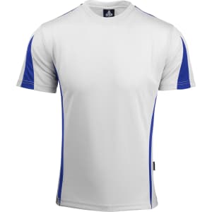 A short-sleeved white T-shirt with blue accents on the shoulders and sides, featuring a logo.