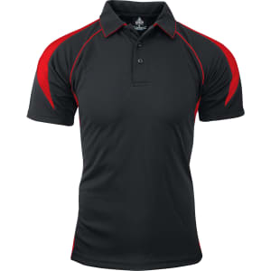 A black polo shirt with red accents and a logo. Features a collared neck and short sleeves.