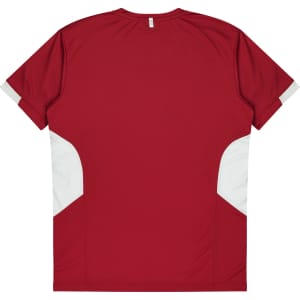 A red T-shirt with white accents on the sides and a small branding logo on the back.