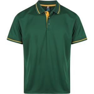 A green polo shirt with yellow accents and a logo on the chest area.