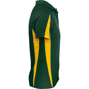 A polo shirt in green with yellow side stripes and a collar, featuring a logo on the chest.