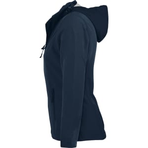 A navy soft shell jacket with a hood, featuring side pockets and a sleek profile, including branding.