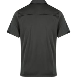 A dark green polo shirt with a classic collar and short sleeves, featuring a logo on the back.
