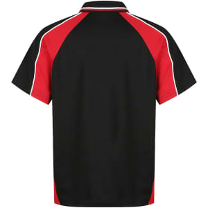 A black and red polo shirt featuring a textured design and a branding logo on the back.