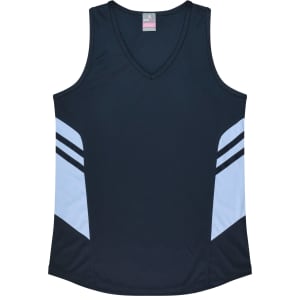 A black singlet with light blue accents and a V-neck design, featuring a logo on the label.