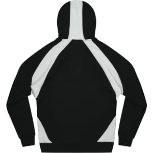A black and white hoodie featuring a panel design and a kangaroo pocket. It has a hood and long sleeves.