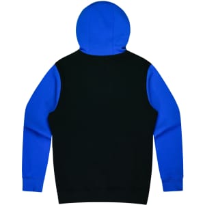 A hoodie featuring a blue hood and sleeves with a black body, complete with a logo.