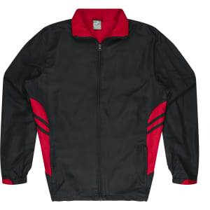 A black and red tracktop featuring a full zip, long sleeves, and side stripes, with a logo on the chest.