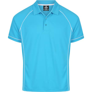 A short-sleeved men's polo shirt in bright blue with contrasting white piping and a collar. It features a logo.