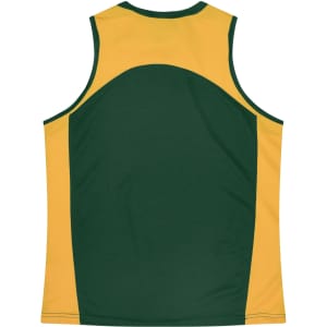 A green and yellow singlet featuring a logo on the back, designed for women's wear.