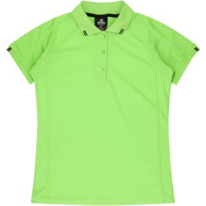 A bright green polo shirt with a collar, featuring a logo and contrasting black stripes on the sleeves.