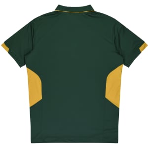 A green and gold polo shirt featuring a contrasting design and a logo on the front.