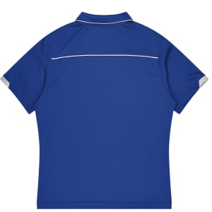 A blue polo shirt with short sleeves and a contrasting trim, featuring a logo on the back.