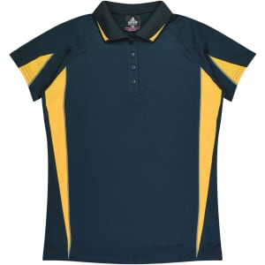 A green polo shirt with yellow side accents, featuring a collar and button placket. It has a logo on the chest.