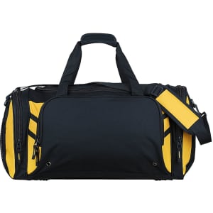 A black duffle bag with yellow accents, featuring two handles and a detachable shoulder strap, along with zippers and a logo.
