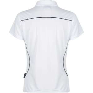 A white polo shirt featuring a fitted design with black piping and a logo at the hem.