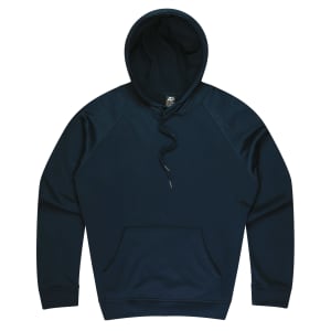 A dark navy hooded jumper featuring a front pocket and a drawstring. It has a logo on the interior.