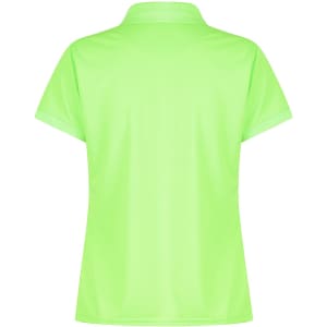 A lime green polo shirt with a classic collar and short sleeves, featuring a logo.