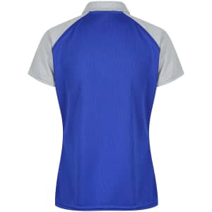 A polo shirt featuring a blue body with grey sleeves and a logo on the back.