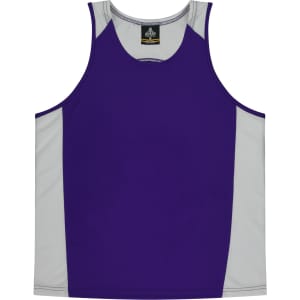 A purple singlet with grey side panels, featuring a logo on the inside neckline.