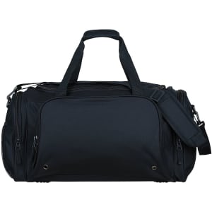 A black duffle bag with multiple zipped compartments and a detachable shoulder strap, featuring a logo.
