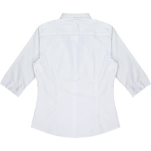 A white button-up shirt with 3/4 sleeves and a fitted design, featuring a logo on the back.