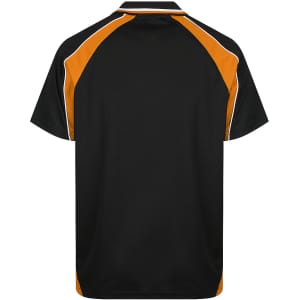 A black polo shirt with orange accents and a logo on the back. Ideal for casual wear.