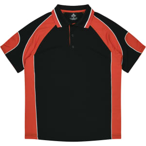 A black and red polo shirt with contrasting sleeves and a collar, featuring a logo.