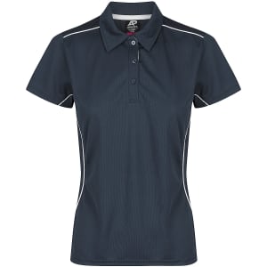 A dark teal women's polo shirt featuring a collar, short sleeves, and contrasting side stripes.