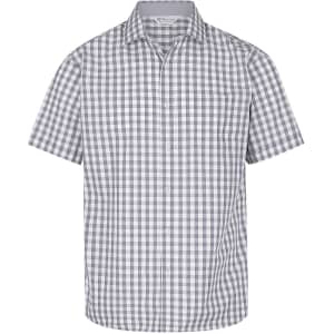 A short-sleeve button-up shirt featuring a grey and white checkered pattern, with a single chest pocket and a logo.