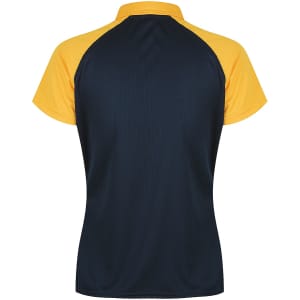 A navy and yellow polo shirt featuring a collar and short sleeves, with a logo present on the garment.